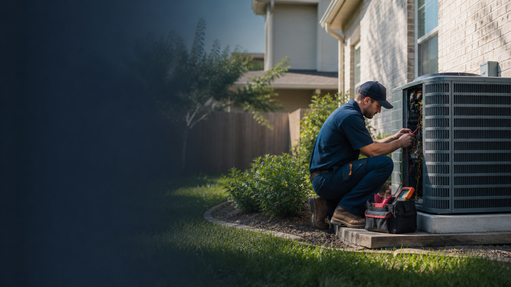HVAC technician servicing an outdoor air conditioning unit